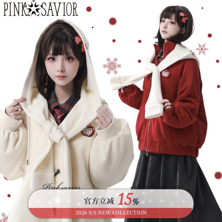 Pinksavior【Apple Black Tea】Knitted Fleece-Lined Winter Christmas and New Year Playful Slim-Fit Warm Coat Pinksavior【Apple Black Tea】Knitted Fleece-Lined Winter Christmas and New Year Playful Slim-Fit Warm Coat