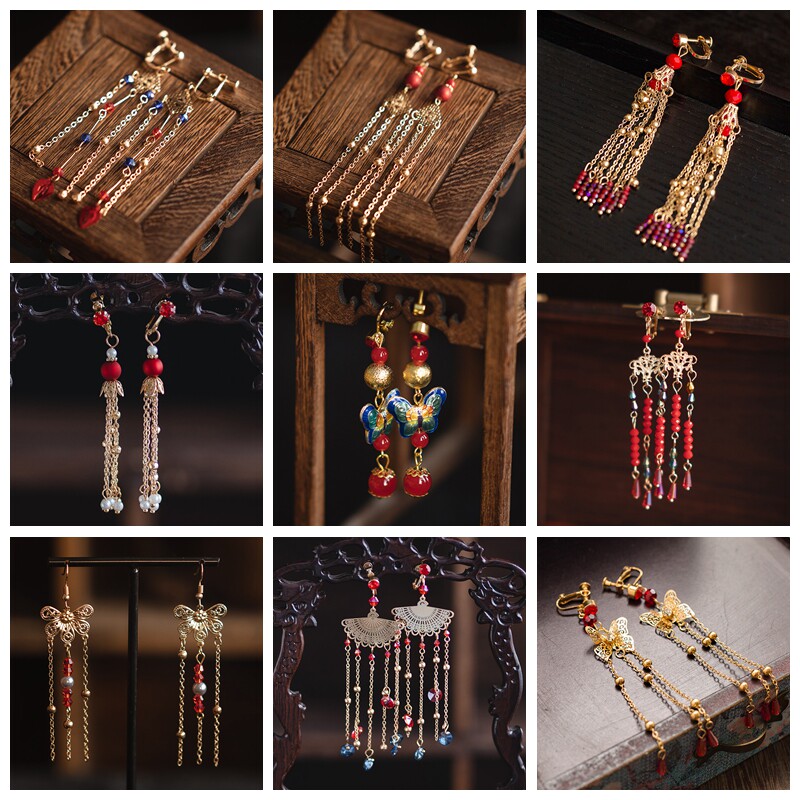 Water Dance A3703 Bride Earrings Chinese Classical Ancient Wind Ear Clamp Ancient Ear Needle Wedding Gift Xiuhe Hanfu
