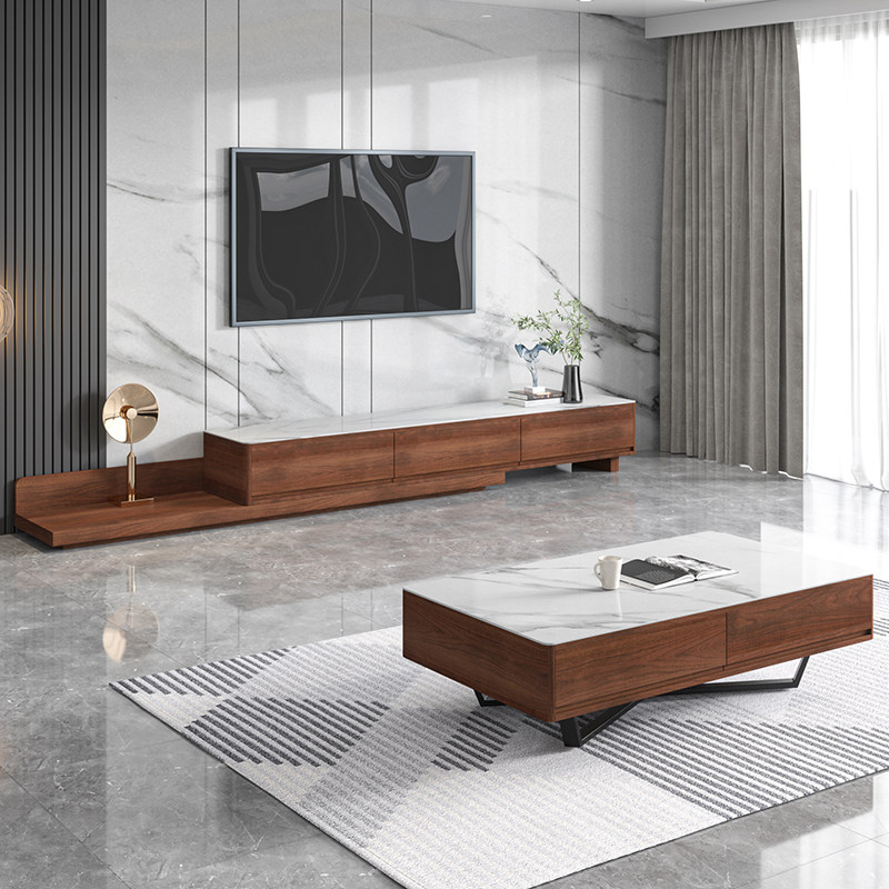 Slate TV cabinet coffee table combination Nordic modern minimalist retractable walnut color TV cabinet small apartment floor cabinet - Taobao