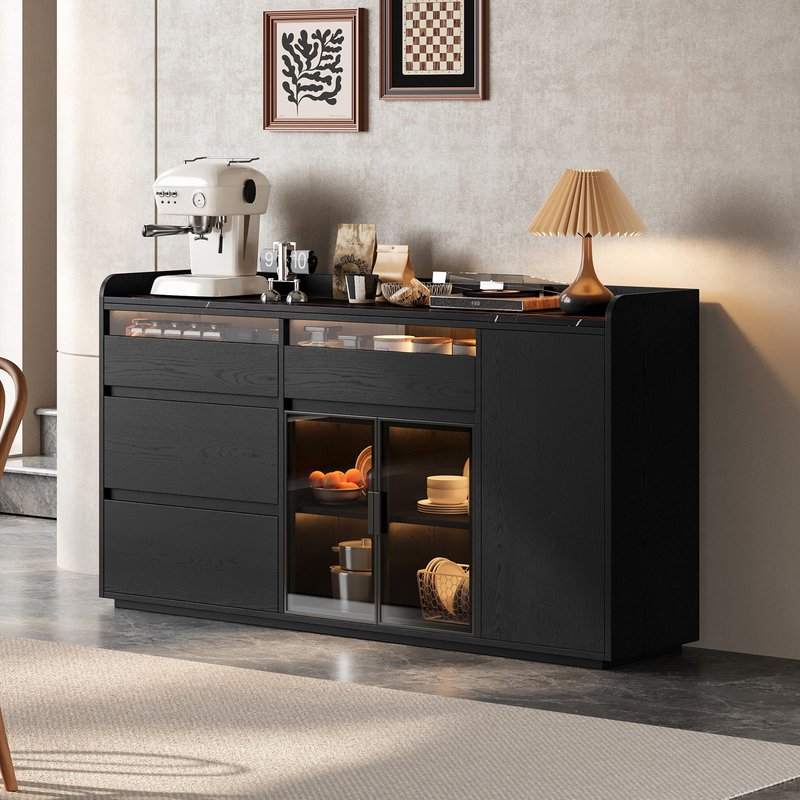 Black Solid Wood Sideboard with Slate Countertop, Ambient Lighting, Glass Doors, Multiple Drawers, Dining Room Storage, Tea Storage Cabinet Black Solid Wood Sideboard with Slate Countertop, Ambient Lighting, Glass Doors, Multiple Drawers, Dining Room Storage, Tea Storage Cabinet