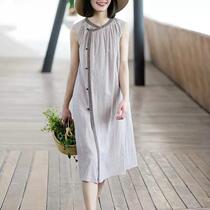 Summer new large size womens dress slim round neck casual loose art sleeveless vest skirt (July 2