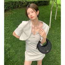 (Two-piece set) short sleeve solid color small suit jacket jacket temperament casual suspender skirt summer suit women