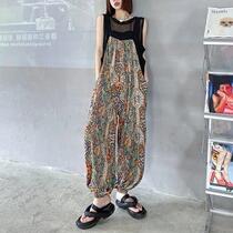 Loose strap pants womens 2021 new summer thin thin size color pattern design sense wide leg pair