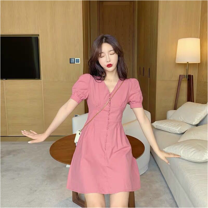Pink V-neck dress 2022 new style slightly fat short tall skirt Xia Zhixun French bellflower skirt