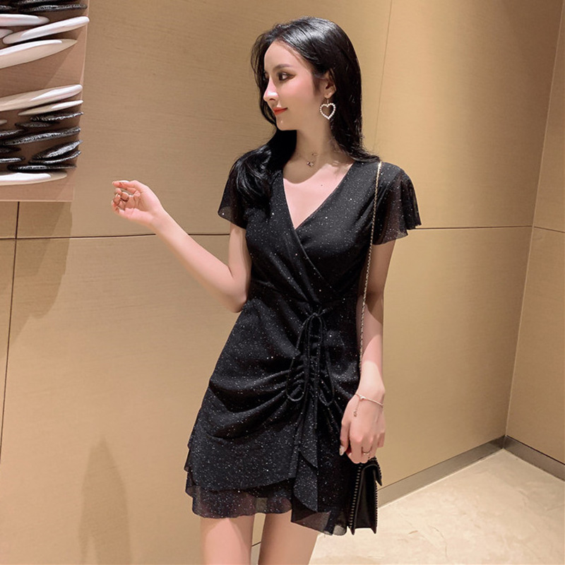 2022 NEW BLACK SEXY SHORT SLEEVE LADIES FOREIGN DRESS Temperament Sensuna superfairy sequin a dress