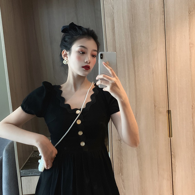 Dating heart micro black dress 2022 summer new small fragrance long skirt to wear short - sleeved Heben dress