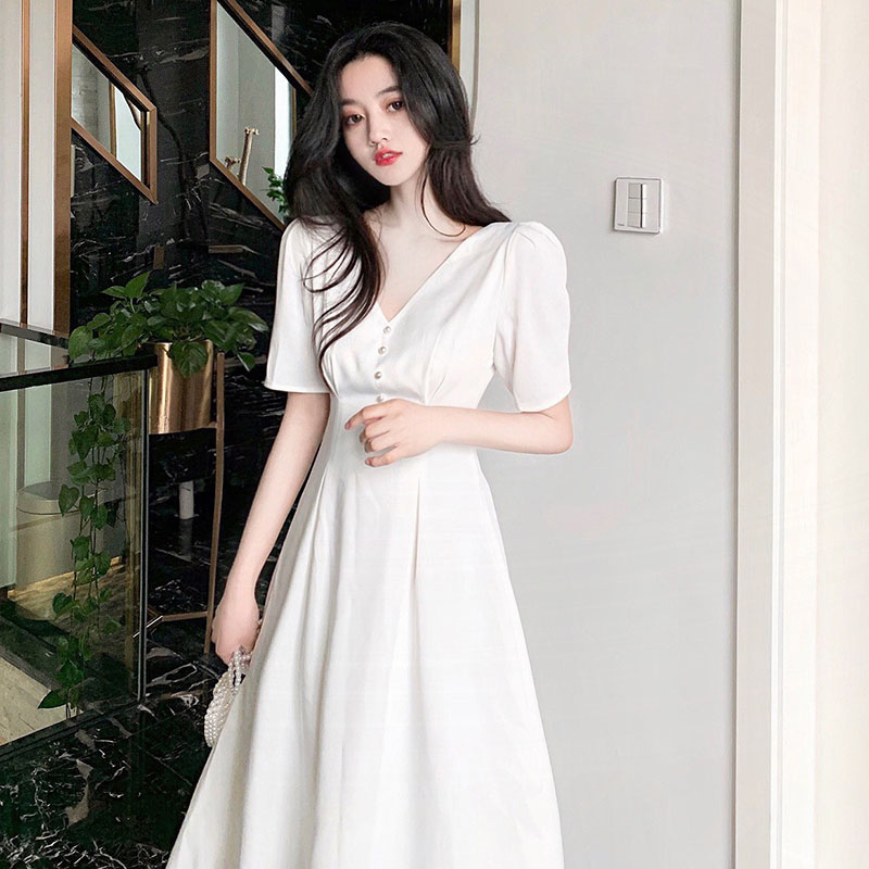 Summer French style gentle wind white one-piece dress cashew and lean fairy Femininity Sensational Girl Sensation Wearing a Mountain Benwind