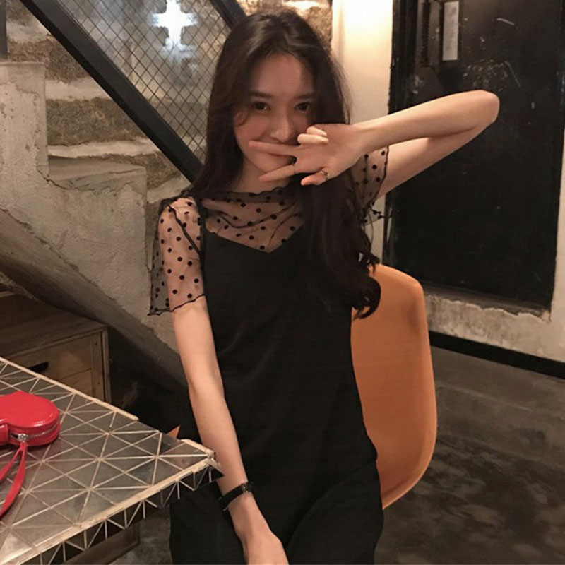 Black Pendant Strap Skirt Woman Summer 2022 new short Article Body Slim Sexy Net Veil Fairy-style Two-style Dress Dress