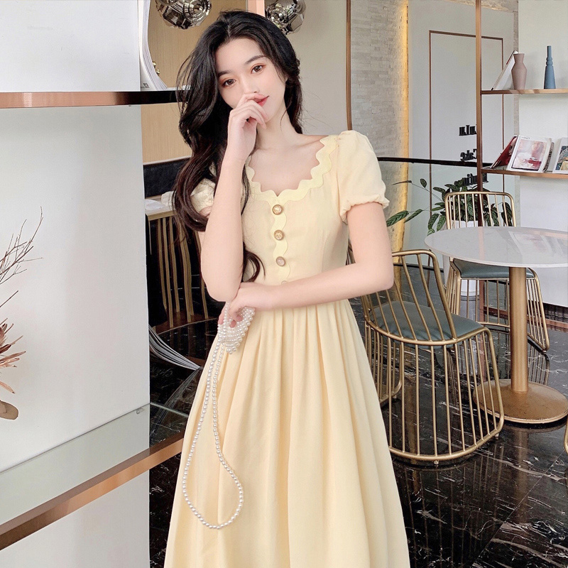 Sweet Salt 2022 New Light Wind Female Door Dating Hair Bubble Sleeve Yellow Costume