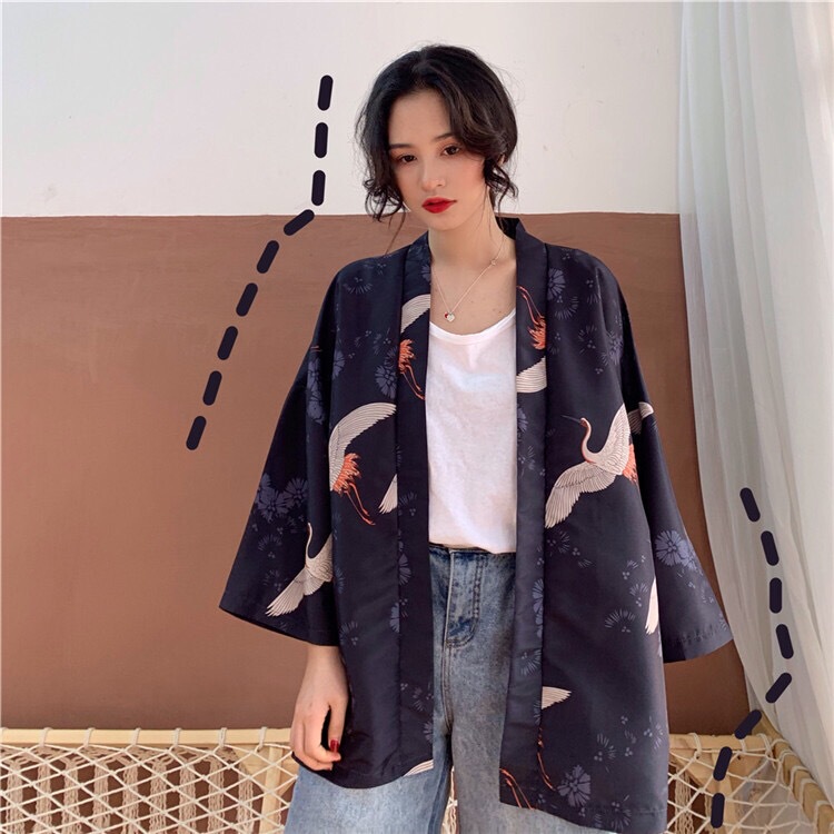 Japanese-Style Loose-Fitting Three-Quarter Sleeve Crane Feather Cardigan, Japanese-Style Modified Hanfu, Tang Suit, Kimono, Robe, Sun Protection Clothing
