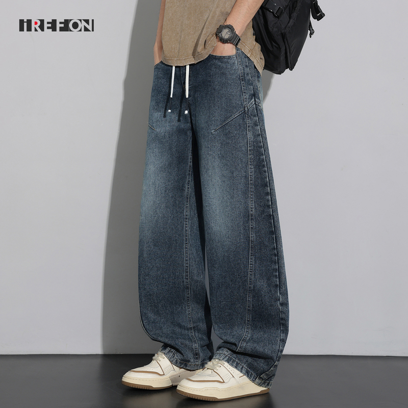 Irefon American-Style Scimitar Jeans for Men, Summer 2026 New Style, Pleated, Fashionable, Washed, Loose, Wide-Leg Long Pants