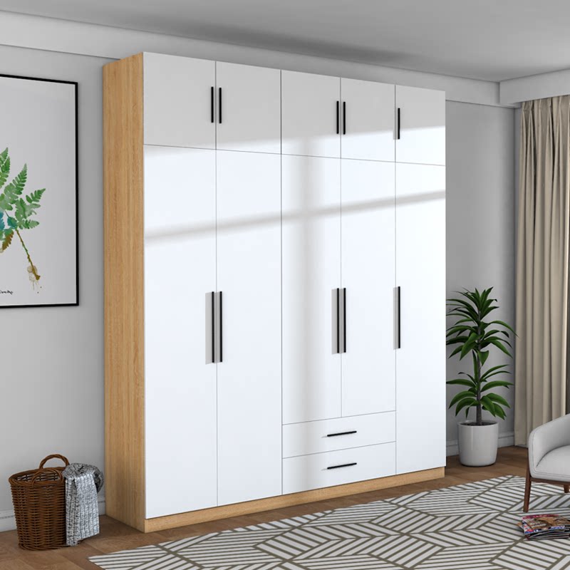White Light Lavish Wardrobe Small Family Type 1 m Wide Three Doors Plus Top Cabinet With Drawer Custom Wood Six Open Door Big Wardrobe