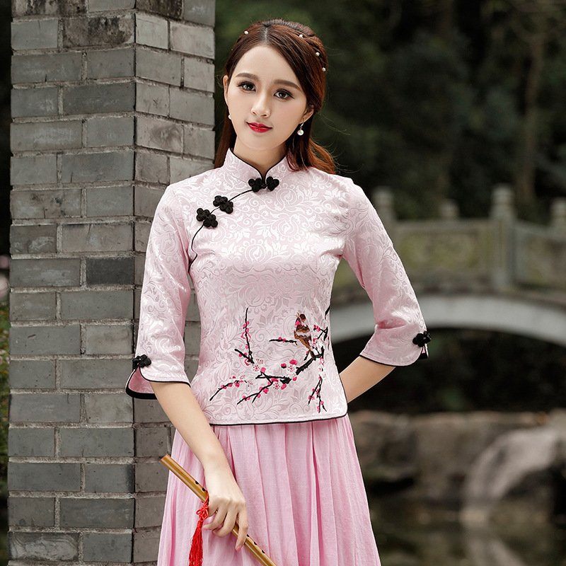 Classic Ancient Wind Republic of China Wind Sleeves Tang Dress Improvement Fashion Short Retro Embroidery Qipao Blouse Blouse Chinese Wind Embroidered Flowers