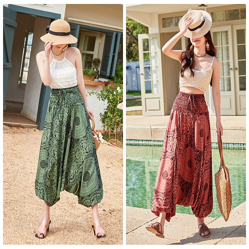 Thai High-Waisted Casual Long Pants Summer Cotton Beach Vacation Indian Ethnic Style European and American Bohemian Yoga Pants