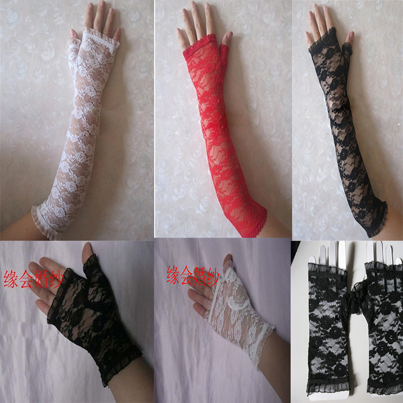 Bridal wedding dress long fat-free lengthened black white off-white red fingerless lace gloves