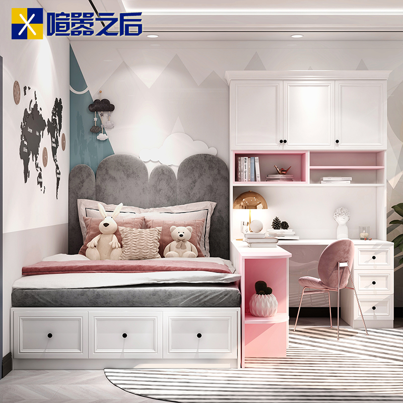 Modern simple children room tatami desk bed combination small family type children bed can be customized floor bed cabinet combination