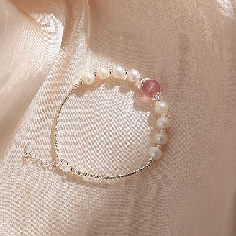 Natural freshwater pearl bracelet woman 925 pure silver high luxury bracelet jewelry strawberry crystal peach flower to girlfriend