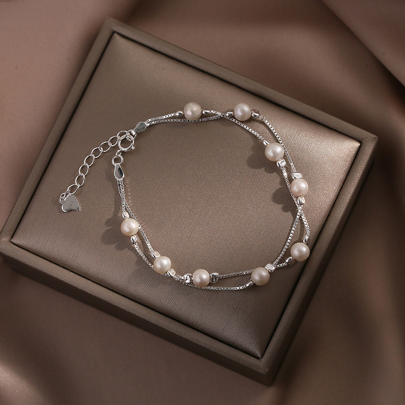 Double-layer pearl hand-made girl's baby's breath simple natural pearl niche design box chain bracelet gift for girlfriend - Taobao