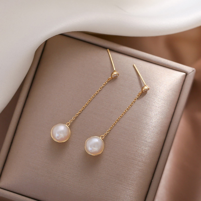 S925 sterling silver natural freshwater pearl earrings women's bun-shaped 8mm strong light temperament long Korean crystal earrings