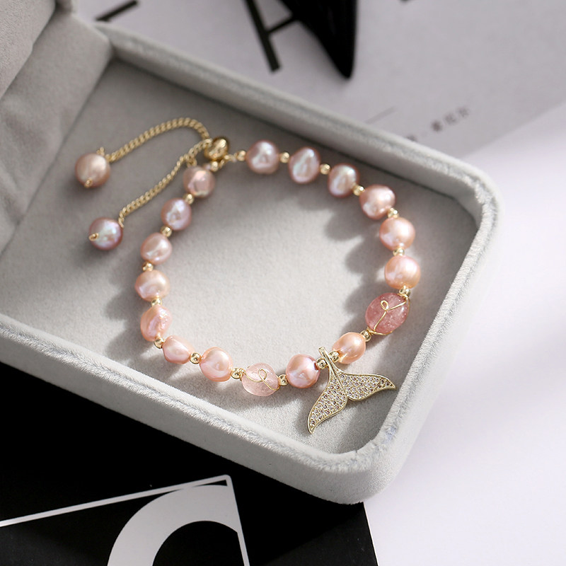 Natural freshwater pearl bracelet female Baroque jewelry trendy ins niche design fish tail trick peach blossom light luxury bracelet