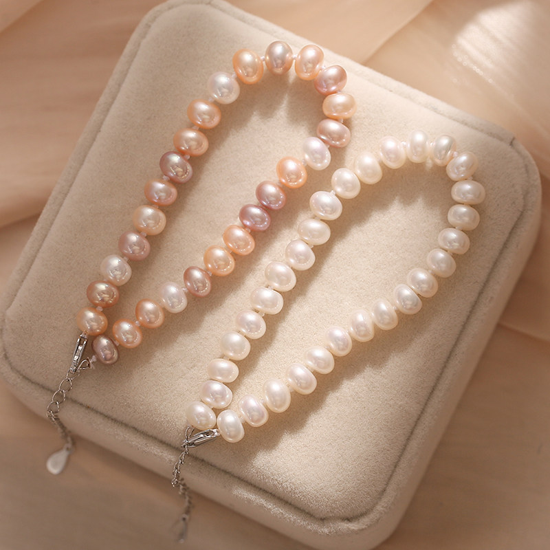 Natural freshwater pearl hand chisel near perfect circle 7mm strong light 925 sterling silver tail chain Japanese and Korean simple gift for mother