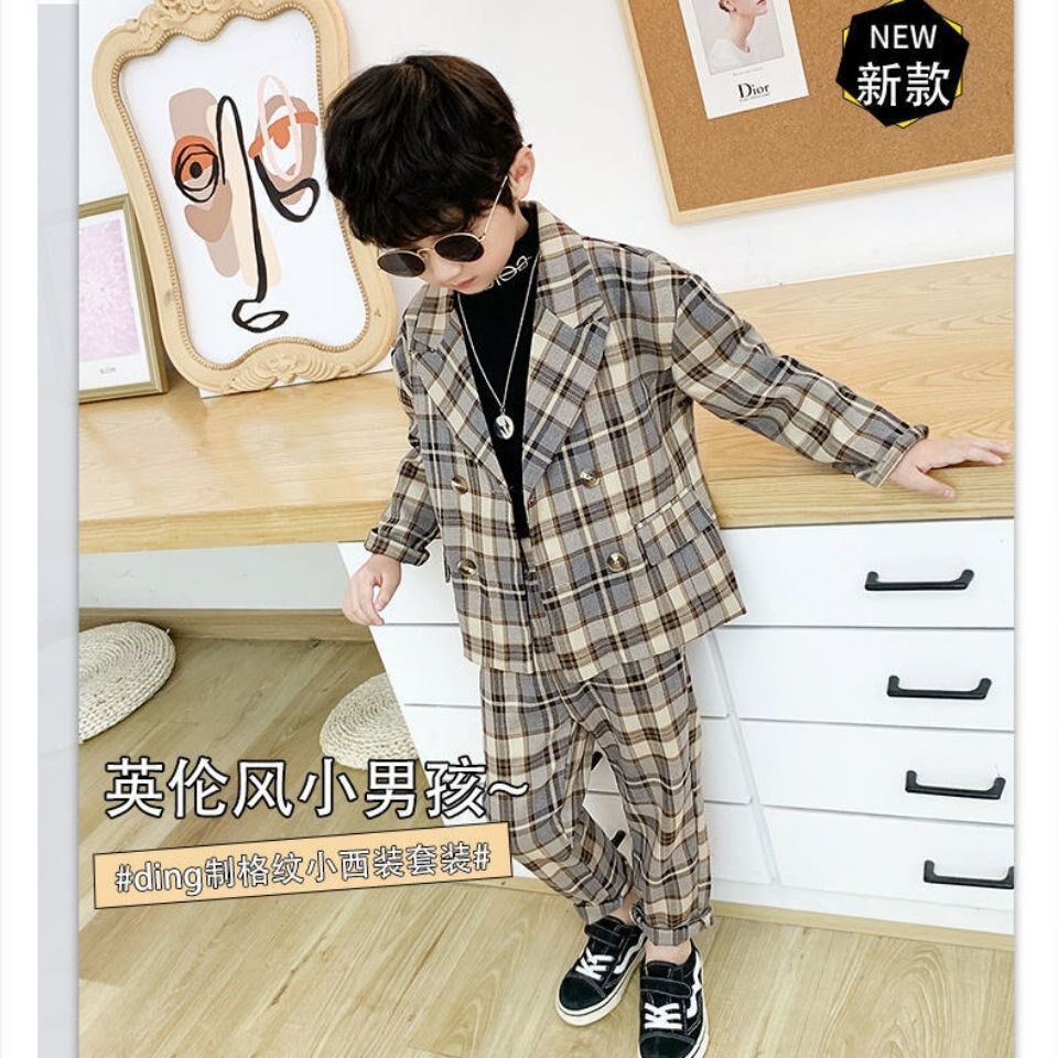 Boy 2021 Casual Little Suit Suit CUHK Boy Yinglun Wind Autumn Checkered with two sets of sleeves