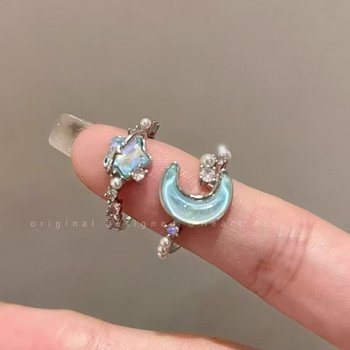 Glacier Blue Star and Moon Open Ring for Women, Light Luxury Niche High-End Index Finger Ring, Couple and Best Friend Exquisite Ring