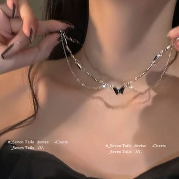 Sweet and Cool Girl~ Black Butterfly Zircon Tassel Necklace for Women Summer ins Hip-Hop Style Accessories Light Luxury Niche Clavicle Chain