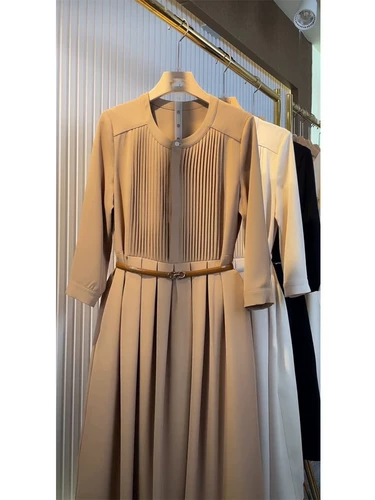 Хаки длинная юбка, летнее платье, летняя одежда, французский стиль, в стиле Шанель, круглый воротник, изысканный стиль