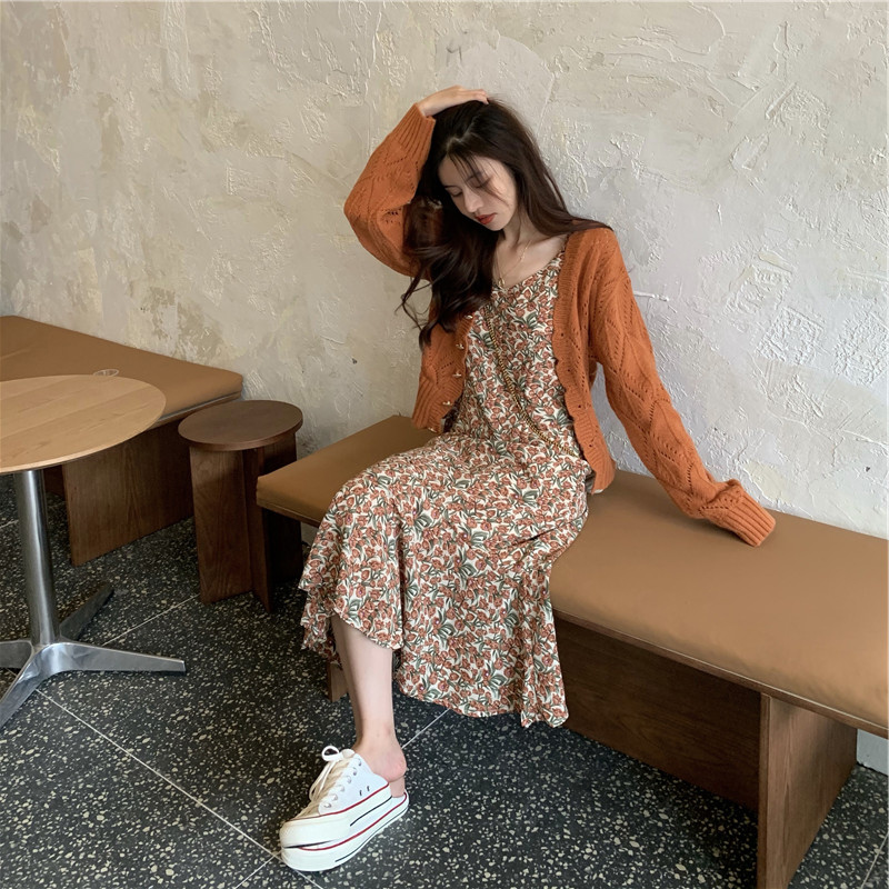 Gentle wind sweater jacket plus skirt two-piece suit Women's spring and autumn salt can be sweetened with flower harnesses long dresses dress-Taobao
