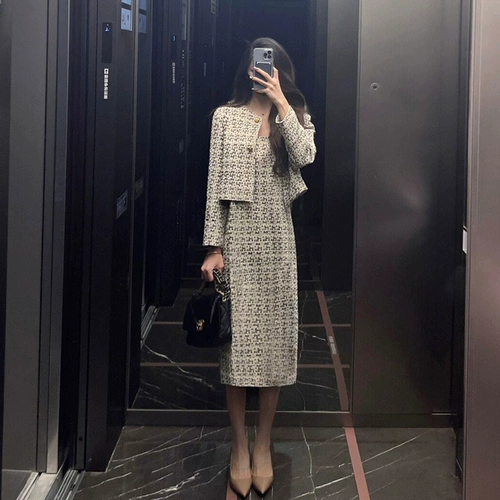 Демисезонное дизайнерское модное платье, комплект, 2025 года, изысканный стиль, легкий роскошный стиль, в стиле Шанель