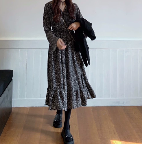 Осеннее шифоновое платье, ретро кардиган, свитер, комплект, 2021 года, цветочный принт, французский ретро стиль