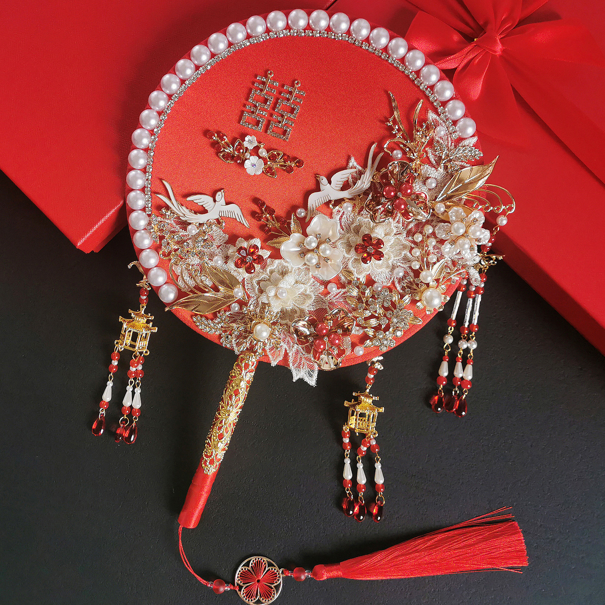 Red high-end double-sided Xiuhexi fan ancient style wedding fan handmade diy material package Chinese wedding bridal group fan