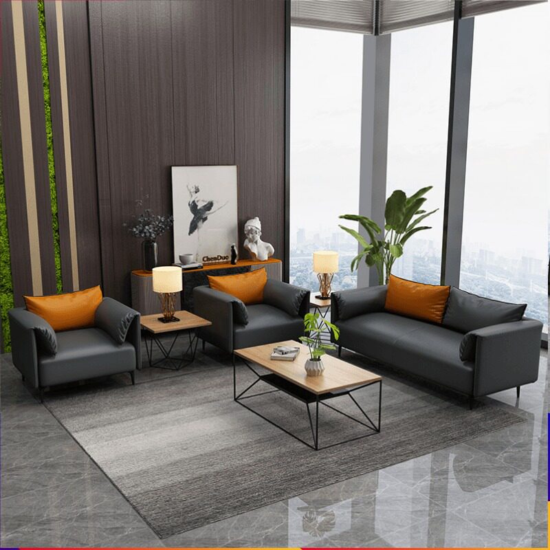Leather Craft Sofa Nordic Office Sofa Tea Table Combo guests reception room Business Bull Leather Brief Modern Sofas