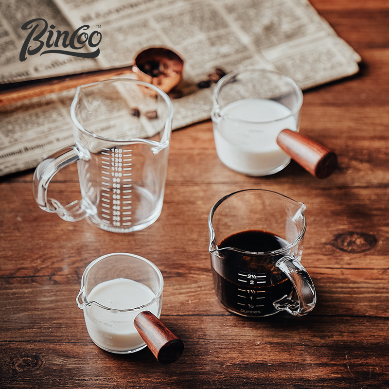 Bincoo Glass Milk Flush Cups Day Style Small Milk Jars Wood Handle Double Mouth Concentrated Coffee Cup Scale Cup Milk Vat Milk Pot-Taobao