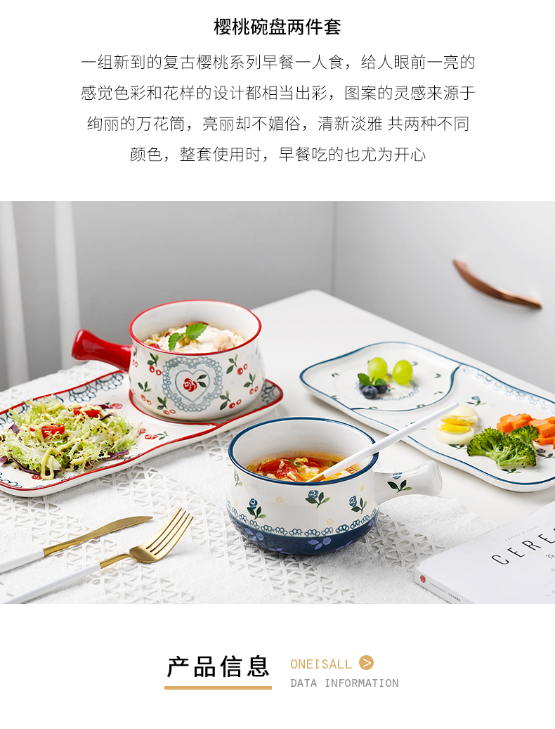 Web celebrity ins wind plate handle breakfast bowl household creative nice meal ceramic plate combination suit