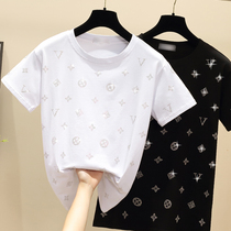 2021 European summer fashion loose short-sleeved base shirt Western style top T-shirt solid color printing hot diamond women