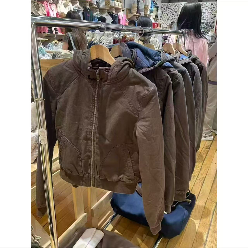 Bm Station American Workwear Style Brown Hooded Padded Jacket for Women, Short Bm Autumn Patchwork Jacket Cotton Coat ins Bm Station American Workwear Style Brown Hooded Padded Jacket for Women, Short Bm Autumn Patchwork Jacket Cotton Coat ins