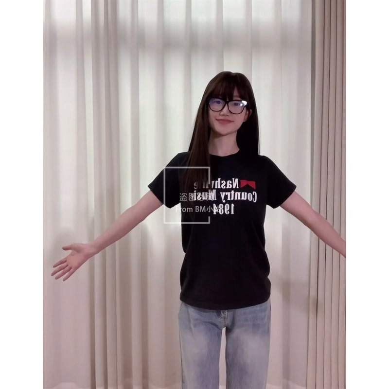 Bm Black Short-Sleeve T-Shirt, Same Style as Ouyang Nana, Round Neck Letter T-Shirt for Women, Summer Bm Versatile Slim-Fit Regular Shoulder Top