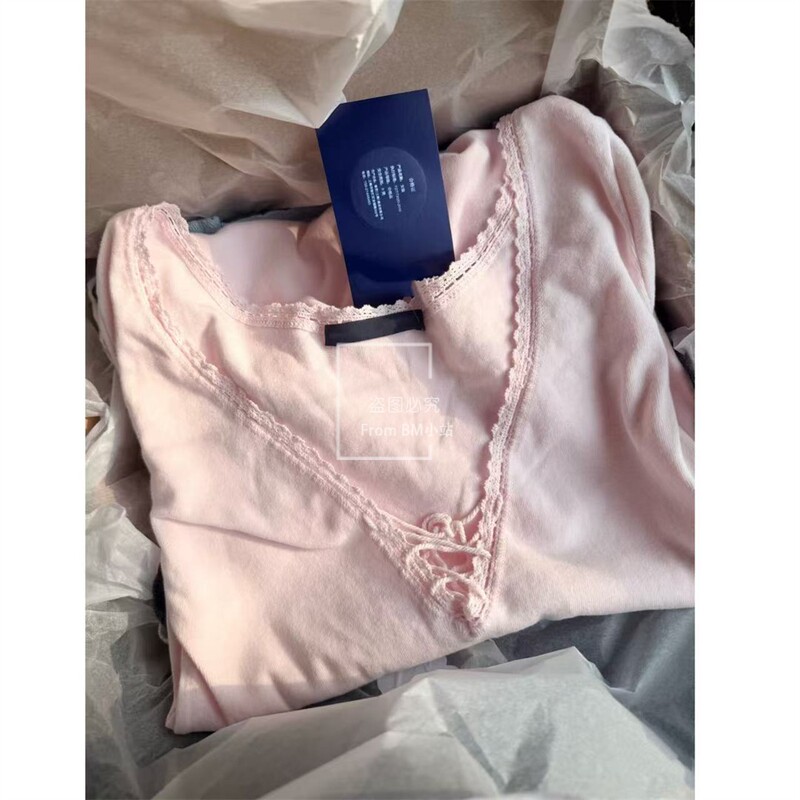 Bm Pink Lace-Up V-Neck Long-Sleeve T-Shirt for Women, Slim-Fit Base Shirt, Inner Layer, Sexy Style, Stylish Top