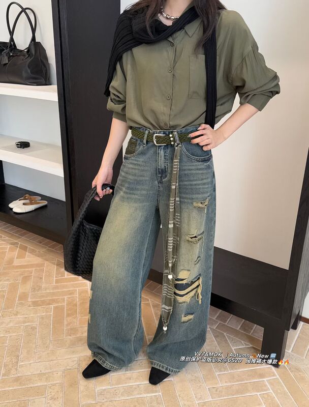 Mok 6520 Autumn New American Retro Distressed Faux Ripped Jeans for Women, Loose Straight Wide-Leg Floor-Length Pants Trendy Mok 6520 Autumn New American Retro Distressed Faux Ripped Jeans for Women, Loose Straight Wide-Leg Floor-Length Pants Trendy