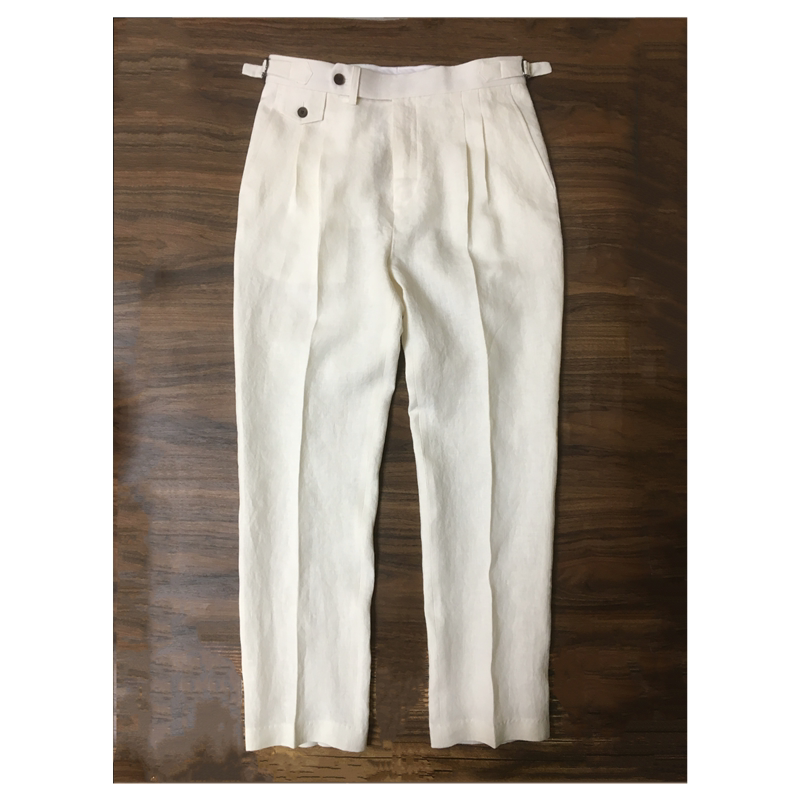 Summer Men's Heavyweight Off-White Linen High-Waisted Double-Pleated Loose Straight Casual Trousers Naples Paris Buckle