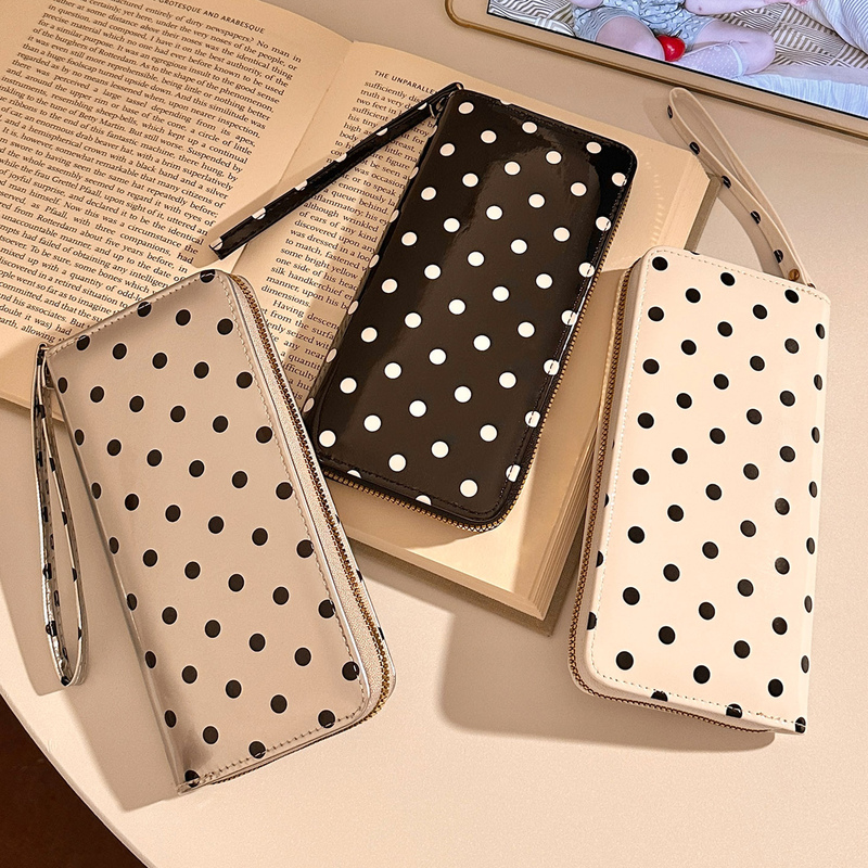 Ins Polka Dot Long Wallet for Women, Large Capacity Card Holder, Cash Coin Purse, Clutch Bag, Multi-Compartment Wallet, Mobile Phone Bag
