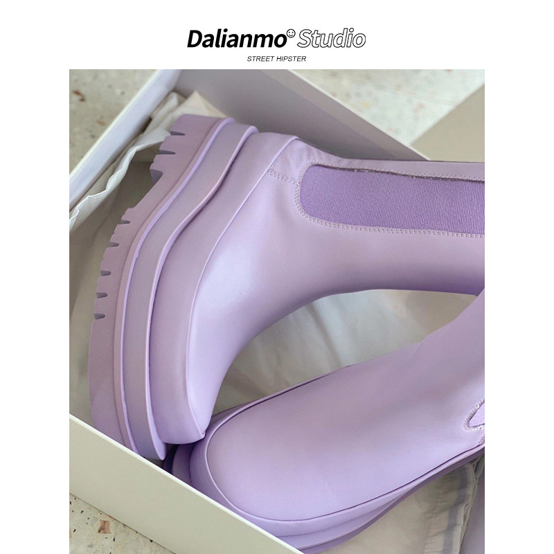 Light purple elastic sleeves Chelsea boot Women's thick bottom Martin boots High heel Spring fall short boots rough heel midcylinder boot new 