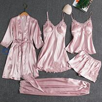 Sexy suit spring and autumn womens nightgown pajamas five Net Red Spring Ice Silk thin sling Robe Robe chest pad