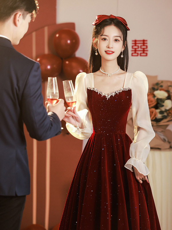 Bridal Toast Dress 2026 New Style with Sheer Sleeves, Engagement Homecoming Dress, High-End Wedding Dress, Women's Casual Wedding Attire