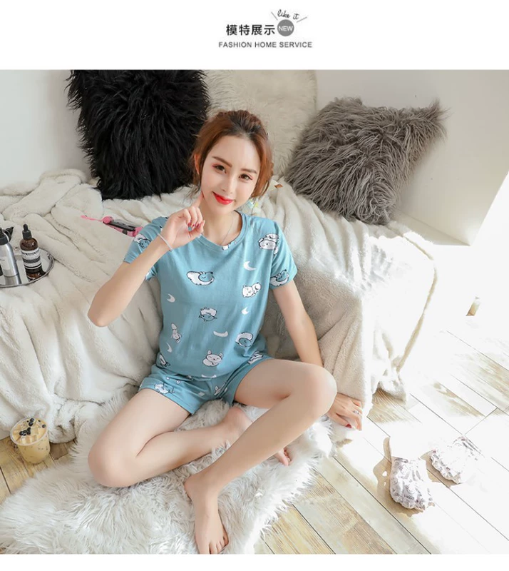 Bộ đồ ngủ nữ cotton mùa hè ngắn tay hai mảnh phù hợp với mùa hè Phiên bản Hàn Quốc của sinh viên tươi hè mùa hè mỏng phần dịch vụ tại nhà mùa xuân và mùa hè - Cặp đôi