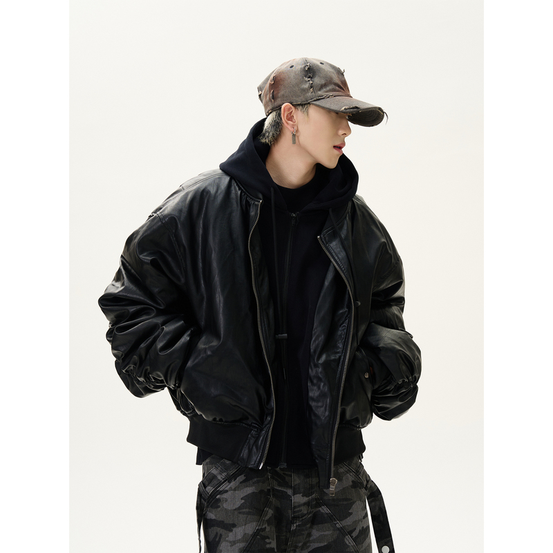 Maxdstr American-Style Heavy Bomber Faux Two-Piece Patchwork Hooded Thickened Pu Leather Cotton Jacket for Men and Women