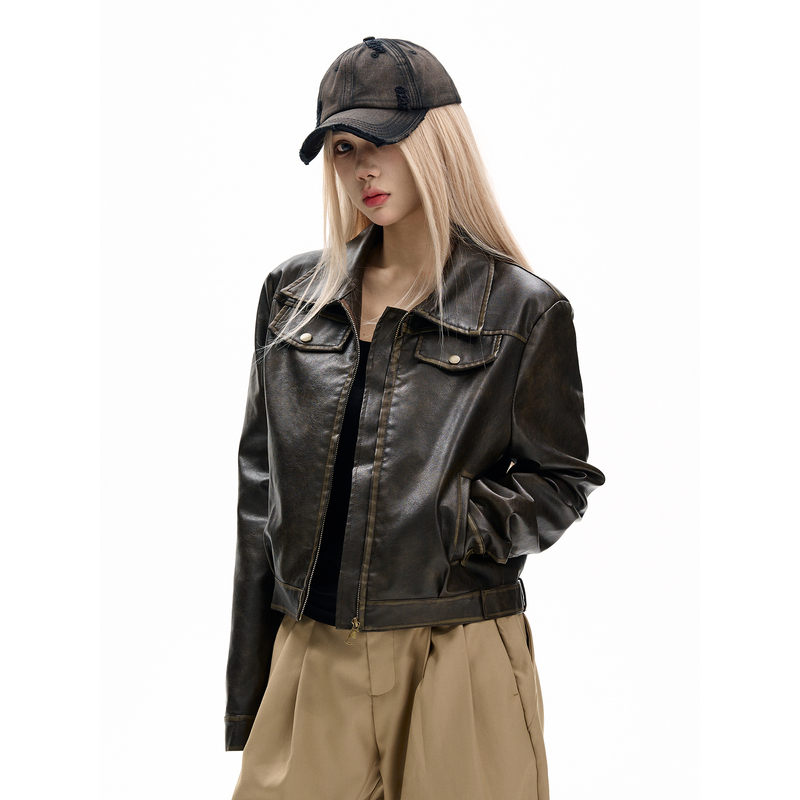 Maxdstr Distressed Workwear Cleanfit Short Wide Leather Jacket Unisex American Retro Biker Trendy Brand Coat