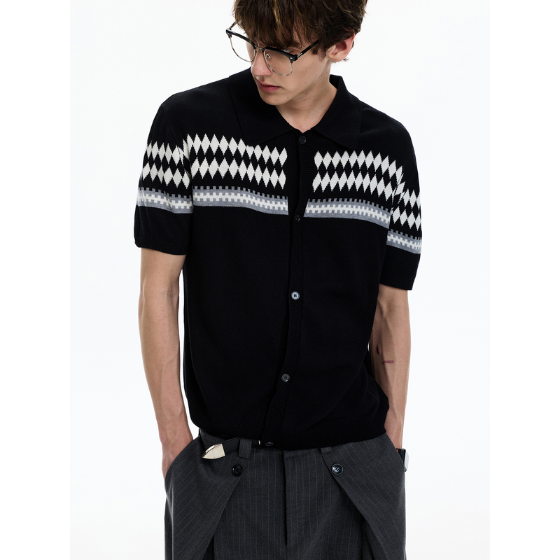 Maxdstr Wool Blend Fair Isle Jacquard Striped Lapel Cardigan Button Knit Short-Sleeve T-Shirt for Men and Women ins Maxdstr Wool Blend Fair Isle Jacquard Striped Lapel Cardigan Button Knit Short-Sleeve T-Shirt for Men and Women ins